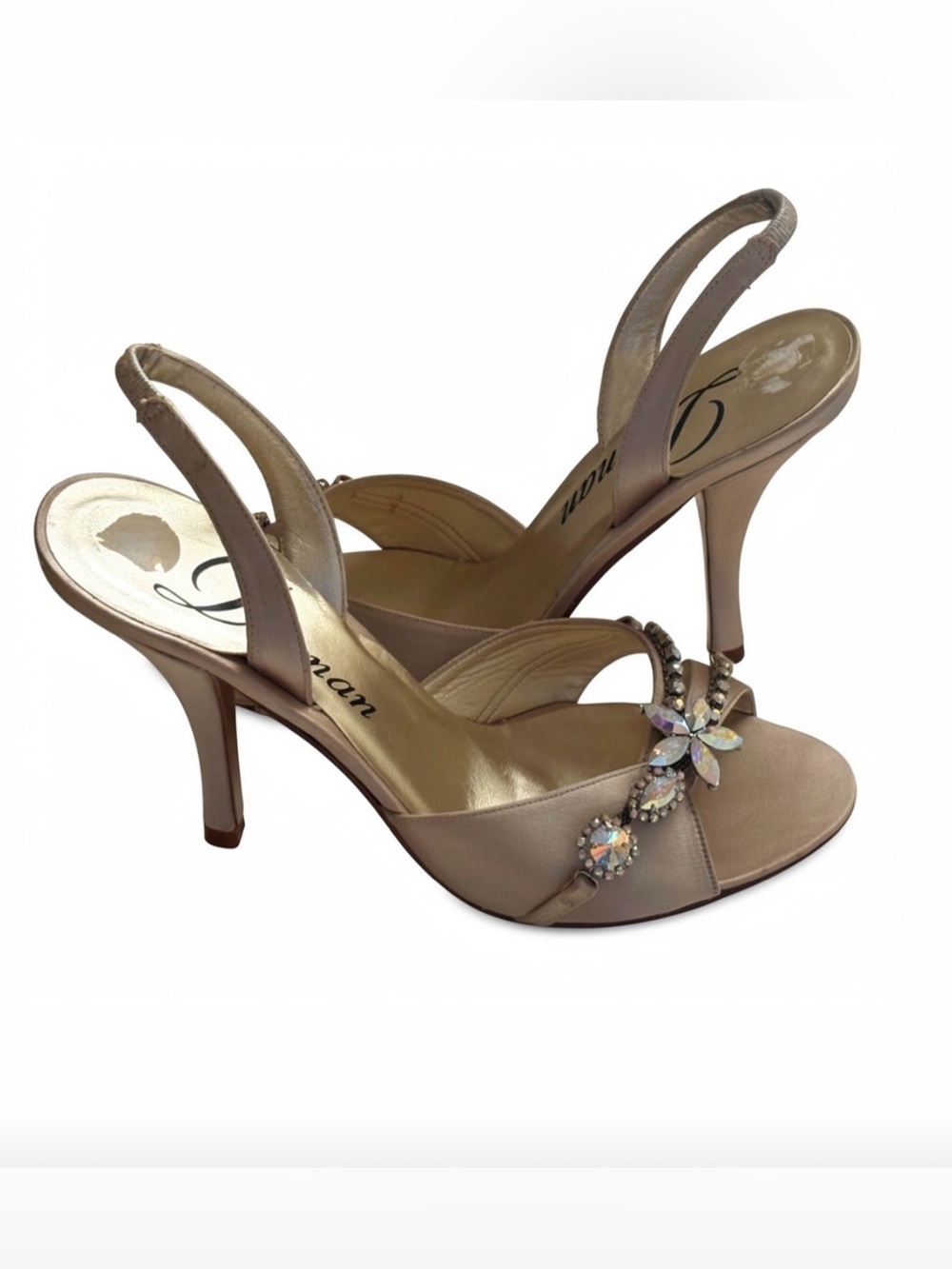 NWOB Delman Elegant champagne satin slingback heels crystal embellishments Sz 8M
